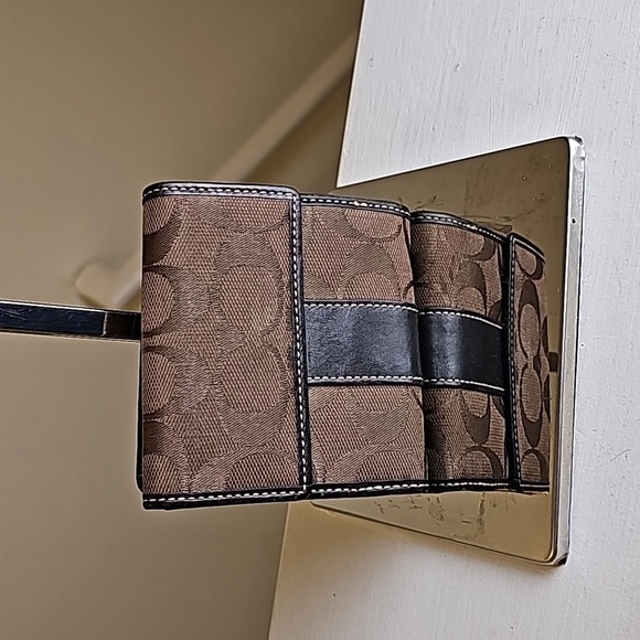 Coach Handbags - 4. COACH Brown Signature Fabric Brown Smooth Leather Trim Bifold Wallet VGUC